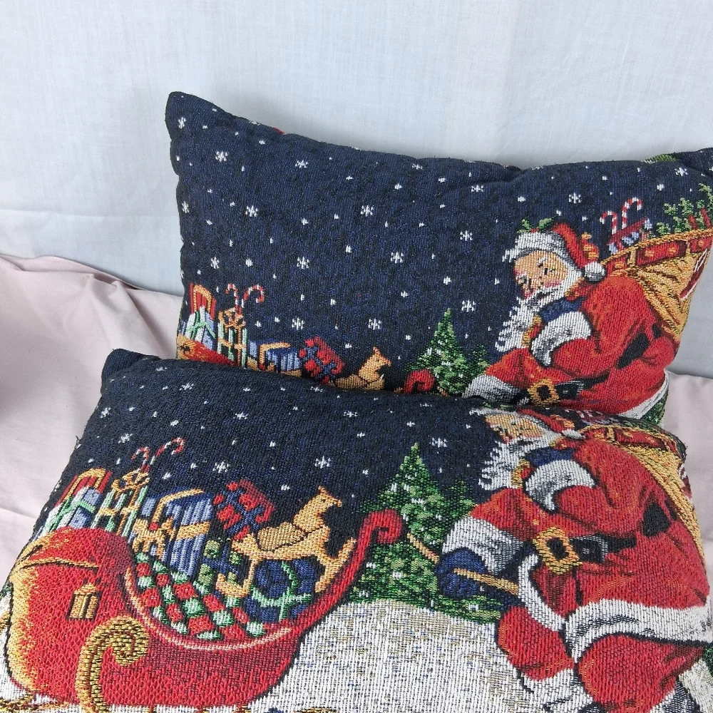 2 Tapestry Christmas Double Sided Reversible Throw Pillows Santa Ornaments Sofa